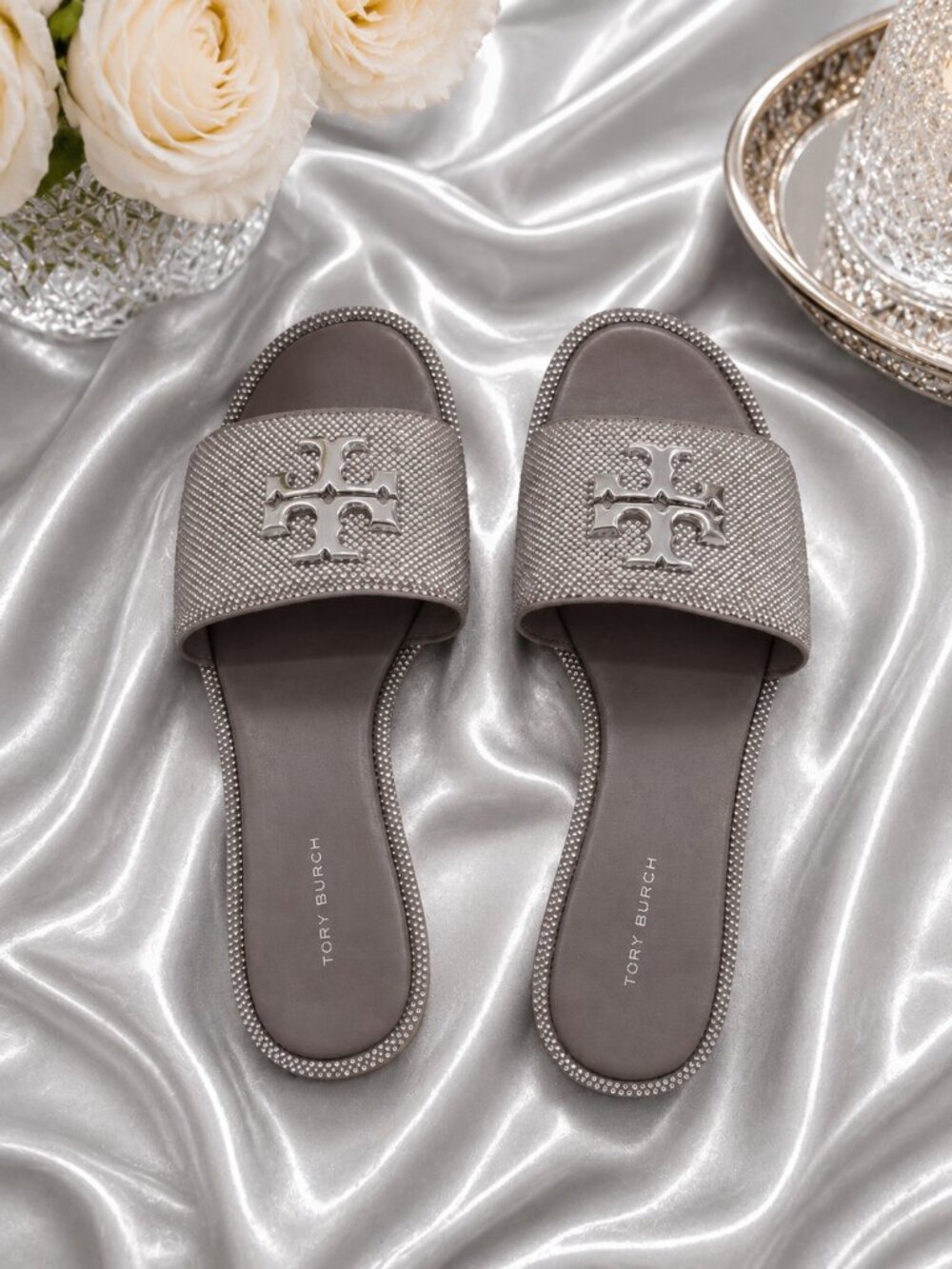 LIKE NEW Tory Burch Crystal Silver Everly Slides Size 8